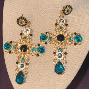 Elegant Gold and Teal Cross Earrings